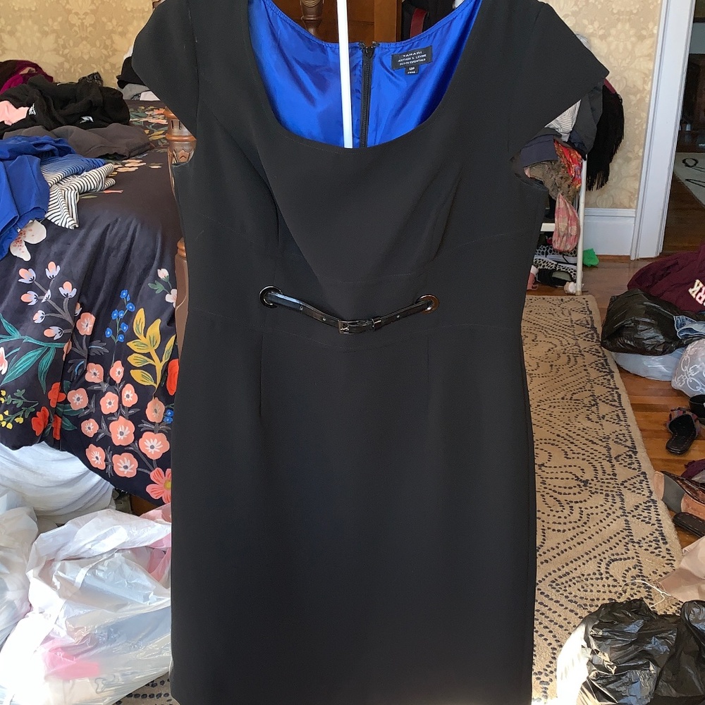 Tahari petite essentials cap sleeves dress with built in belt.
